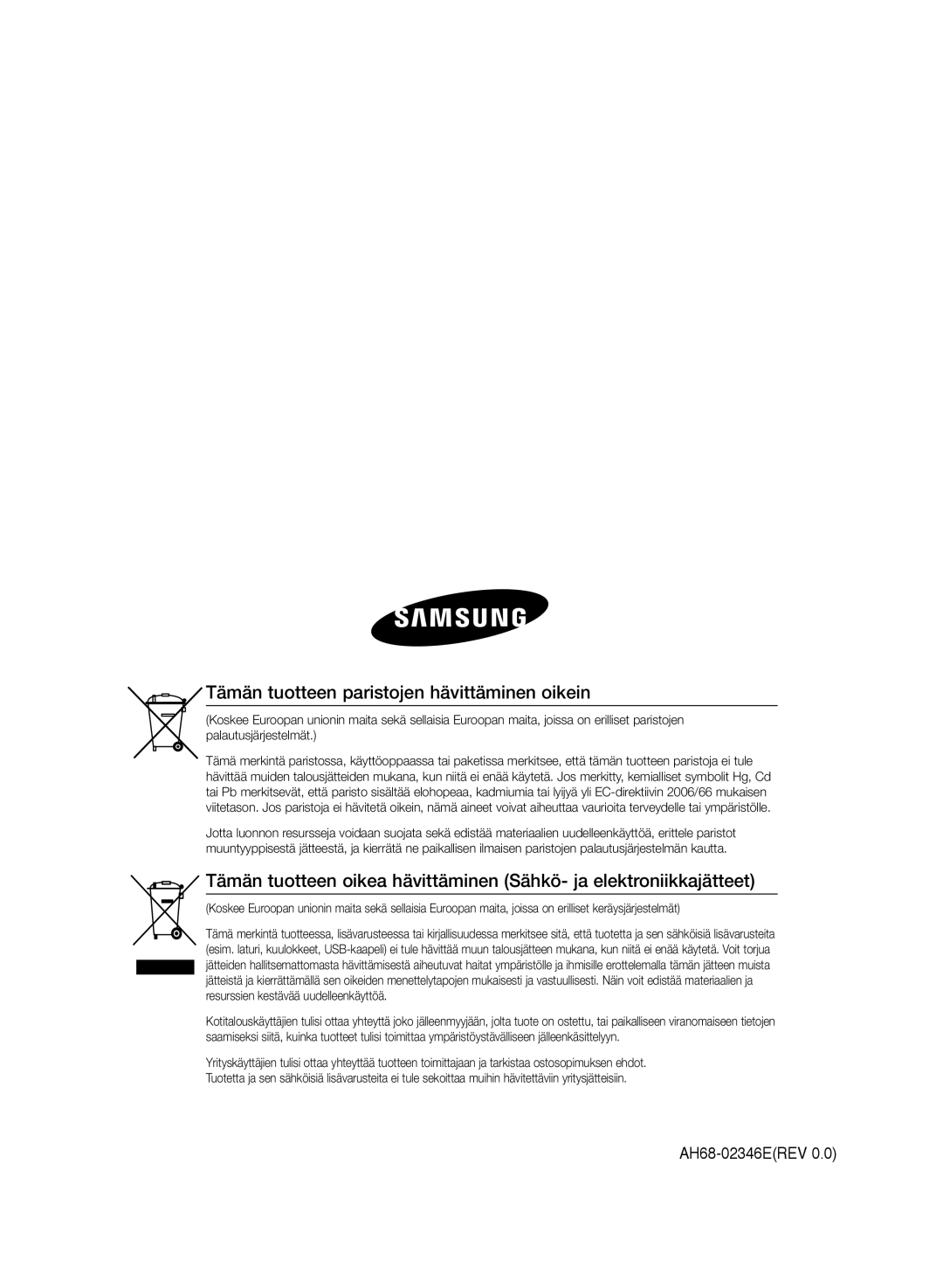 Samsung MM-D330/XE, MM-D320/XE manual Tämän tuotteen paristojen hävittäminen oikein 