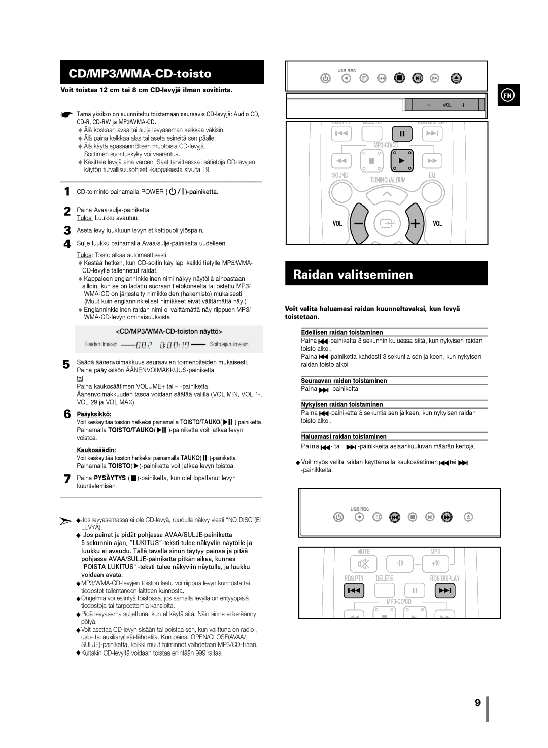 Samsung MM-D320/XE, MM-D330/XE manual Raidan valitseminen, CD/MP3/WMA-CD-toisto 