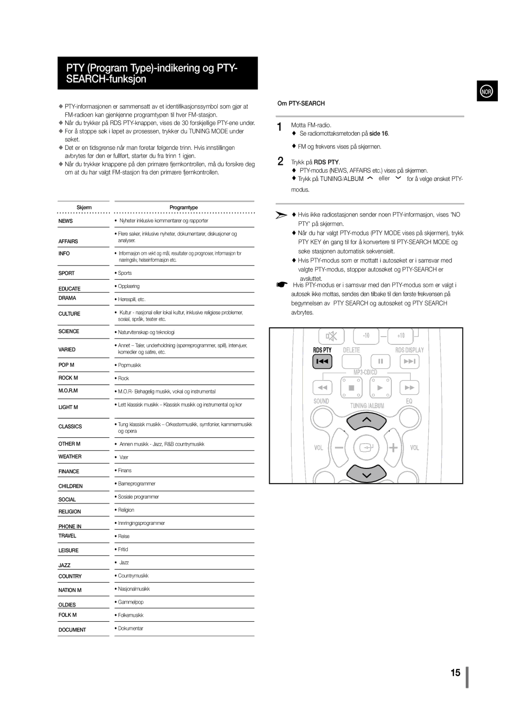 Samsung MM-D320/XE, MM-D330/XE manual PTY Program Type-indikering og PTY- SEARCH-funksjon, Om PTY-SEARCH Motta FM-radio 