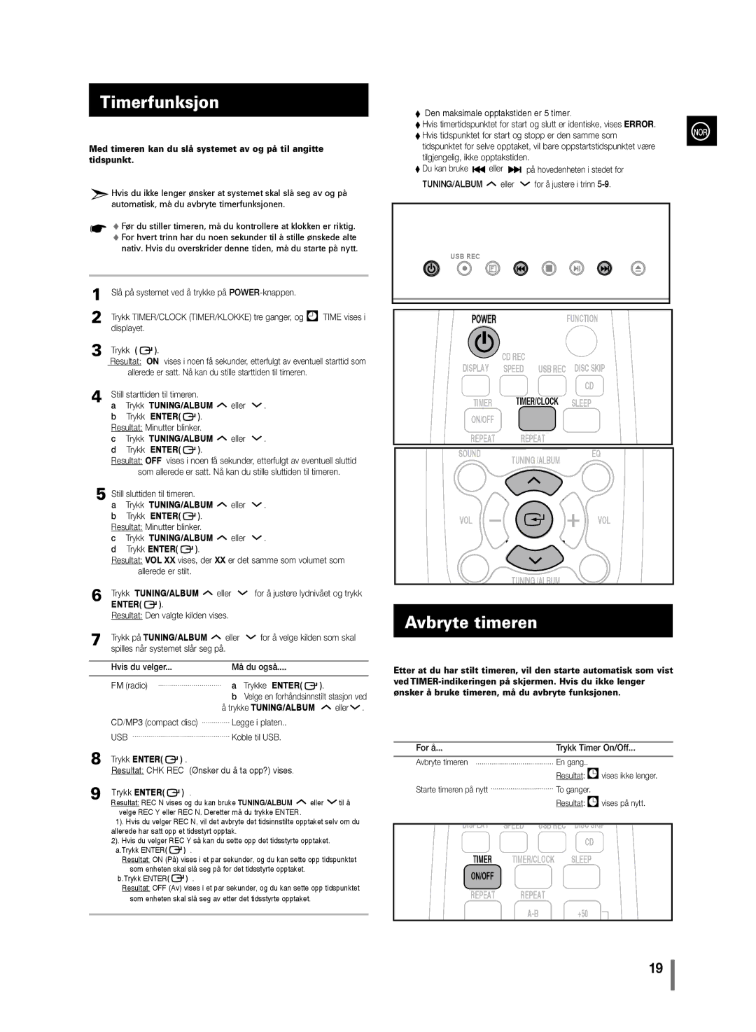 Samsung MM-D320/XE, MM-D330/XE manual Timerfunksjon, Avbryte timeren 