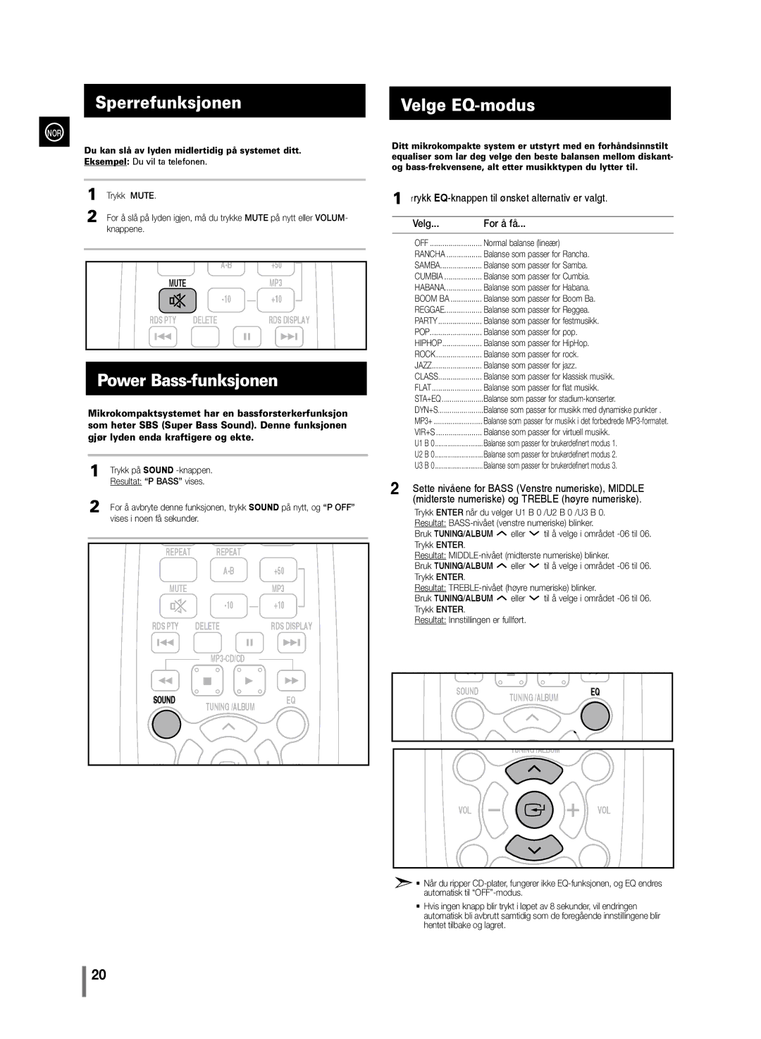 Samsung MM-D330/XE, MM-D320/XE manual Sperrefunksjonen, Power Bass-funksjonen, Velge EQ-modus 