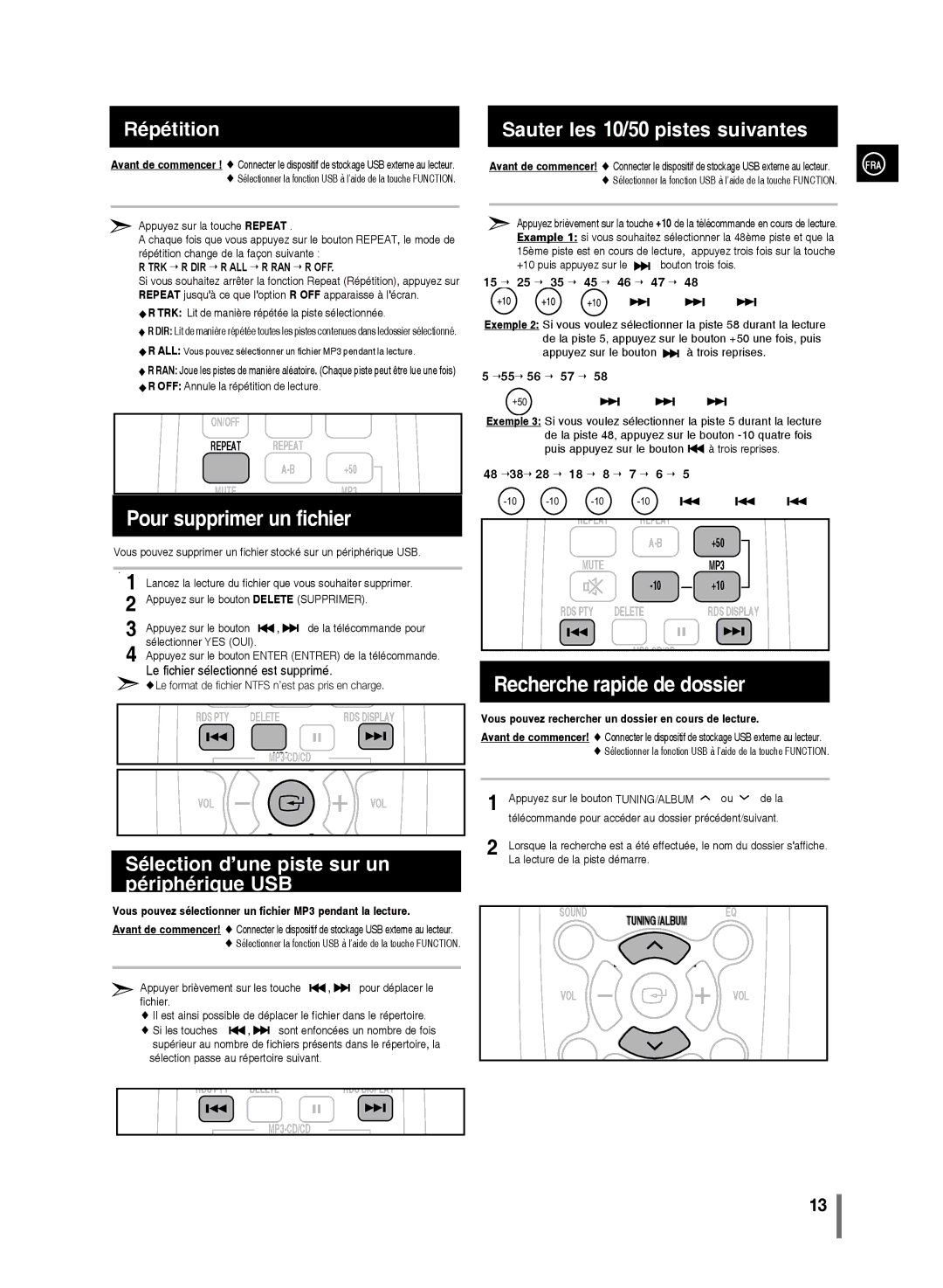 Samsung MM-D320/ZF, MM-D330/ZF manual TRK Lit de manière répétée la piste sélectionnée, De la télécommande pour 