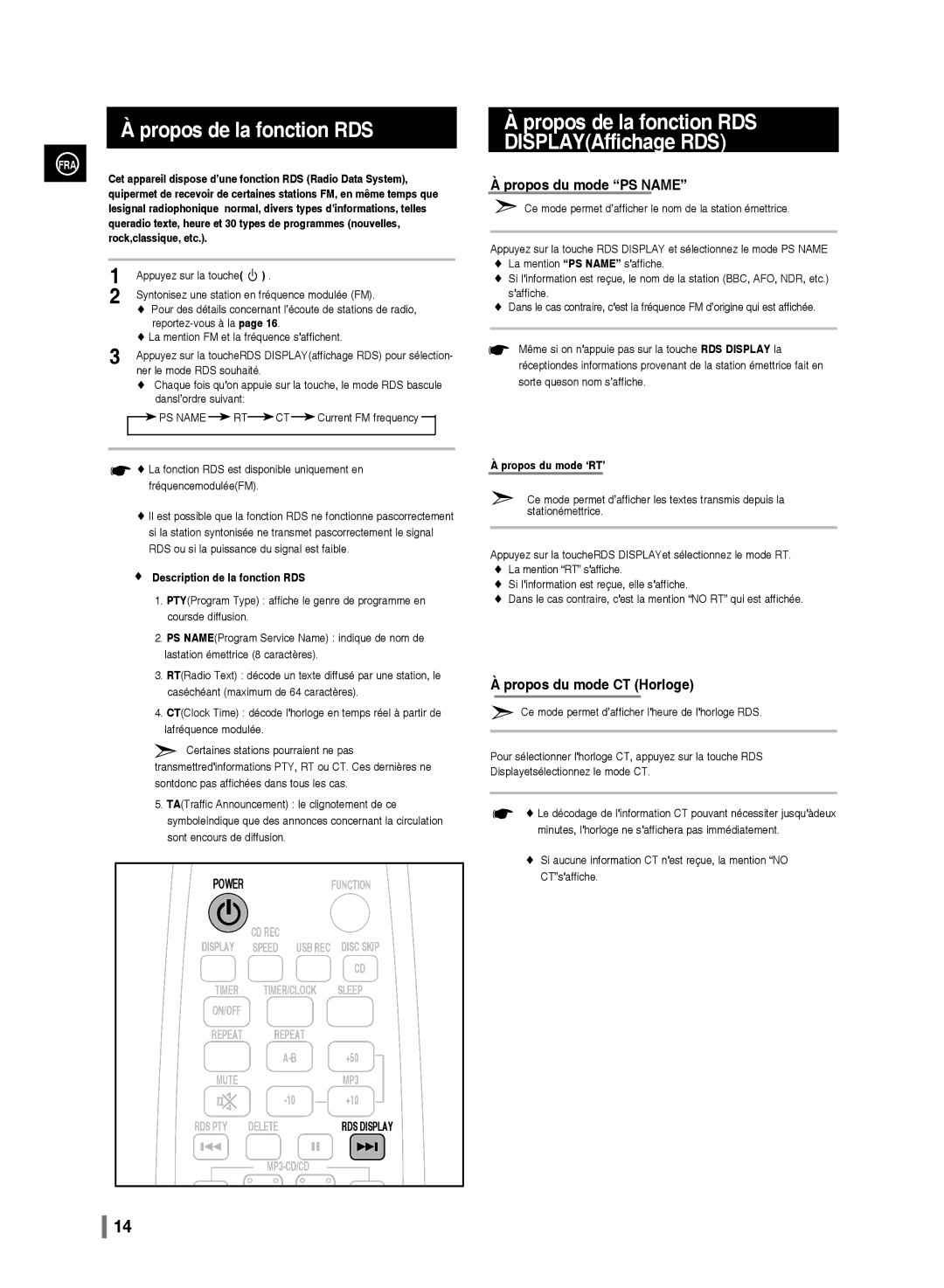 Samsung MM-D330/ZF manual La mention FM et la fréquence saffichent, Dansl’ordre suivant, Description de la fonction RDS 