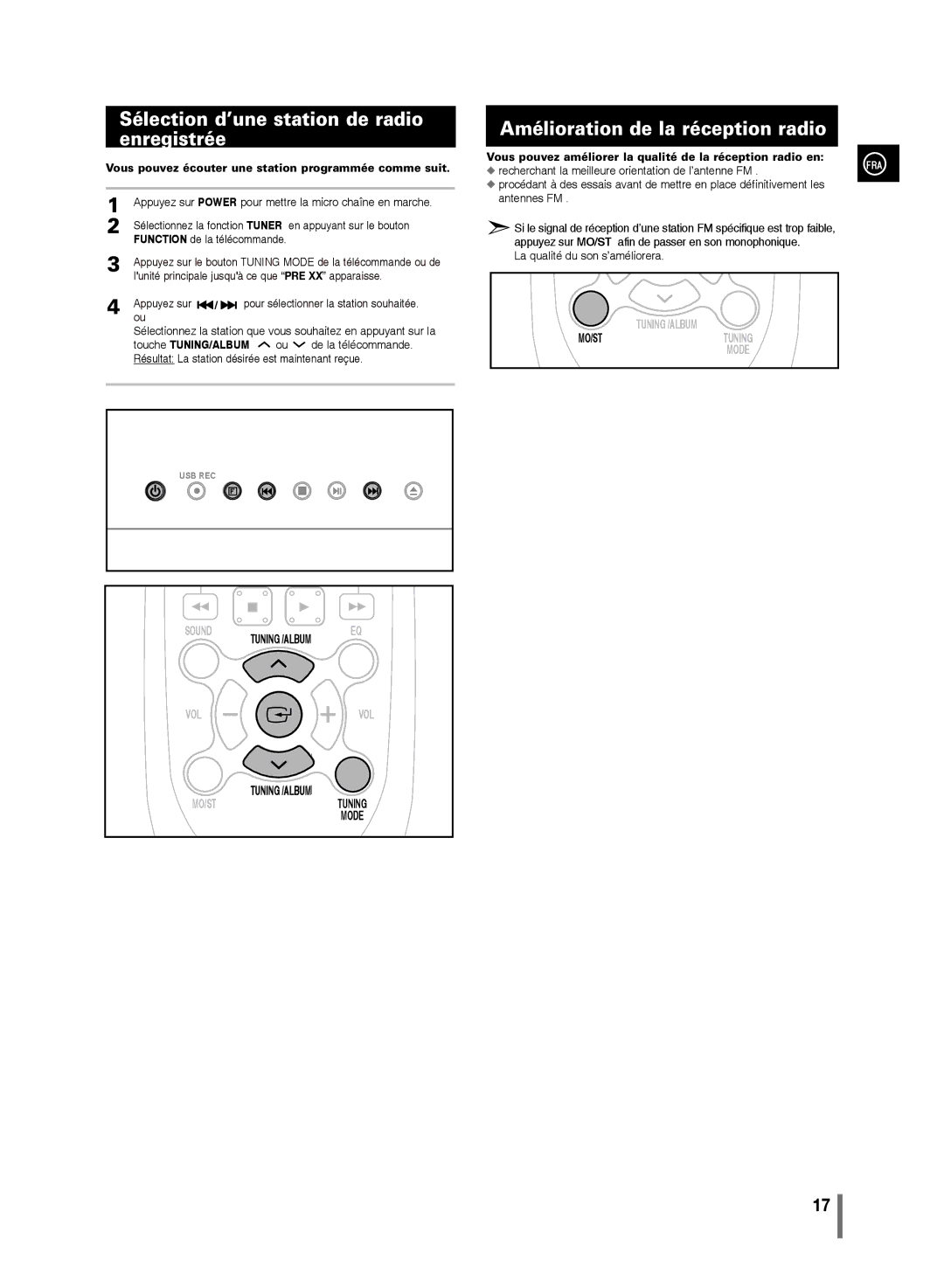 Samsung MM-D320/ZF, MM-D330/ZF manual Sélection d’une station de radio enregistrée, Amélioration de la réception radio 