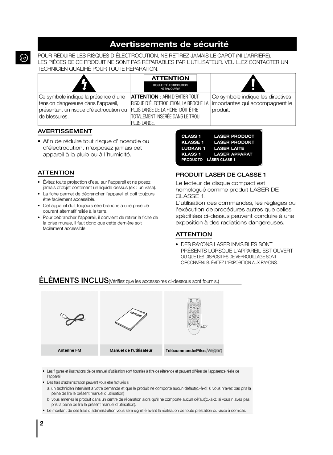 Samsung MM-D330/ZF, MM-D320/ZF manual Avertissements de sécurité 