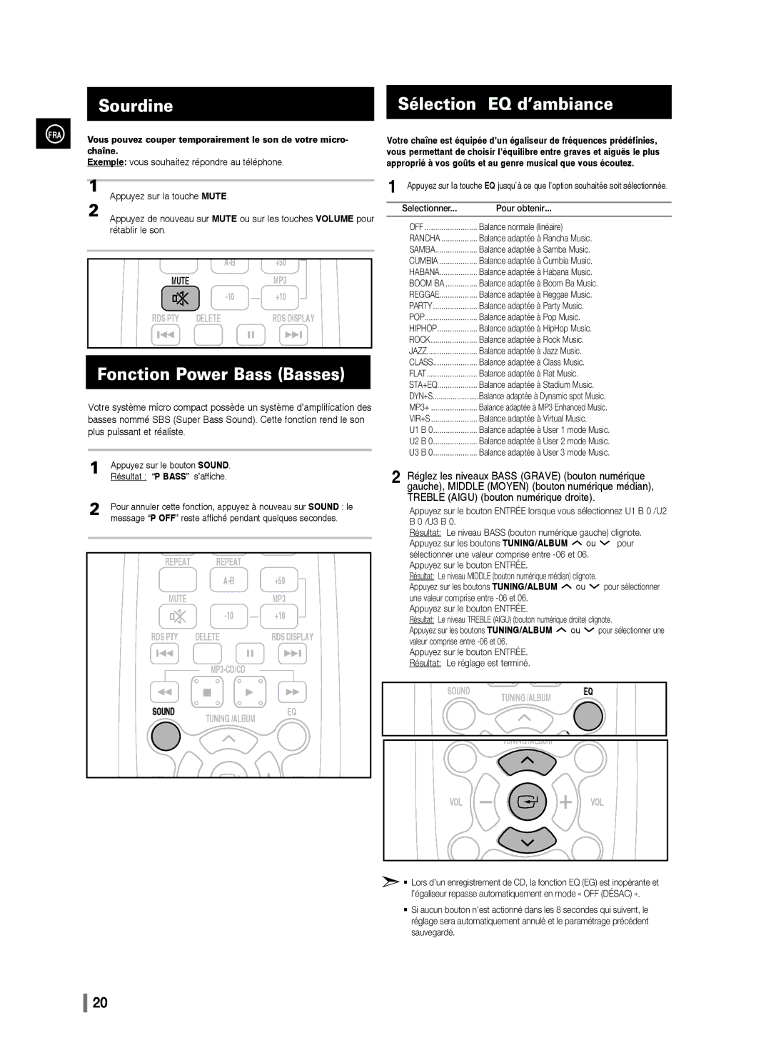 Samsung MM-D330/ZF, MM-D320/ZF manual Sourdine Sélection EQ d’ambiance, Fonction Power Bass Basses 