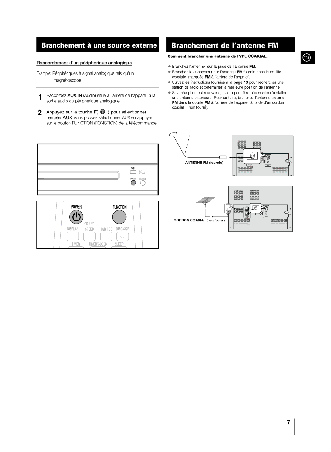 Samsung MM-D320/ZF, MM-D330/ZF manual Branchement de l’antenne FM, Branchement à une source externe 