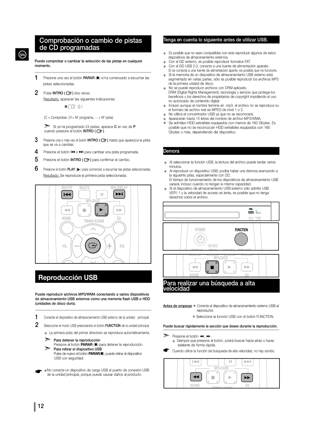 Samsung MM-D330/ZF, MM-D320/ZF manual Comprobación o cambio de pistas de CD programadas, Reproducción USB 