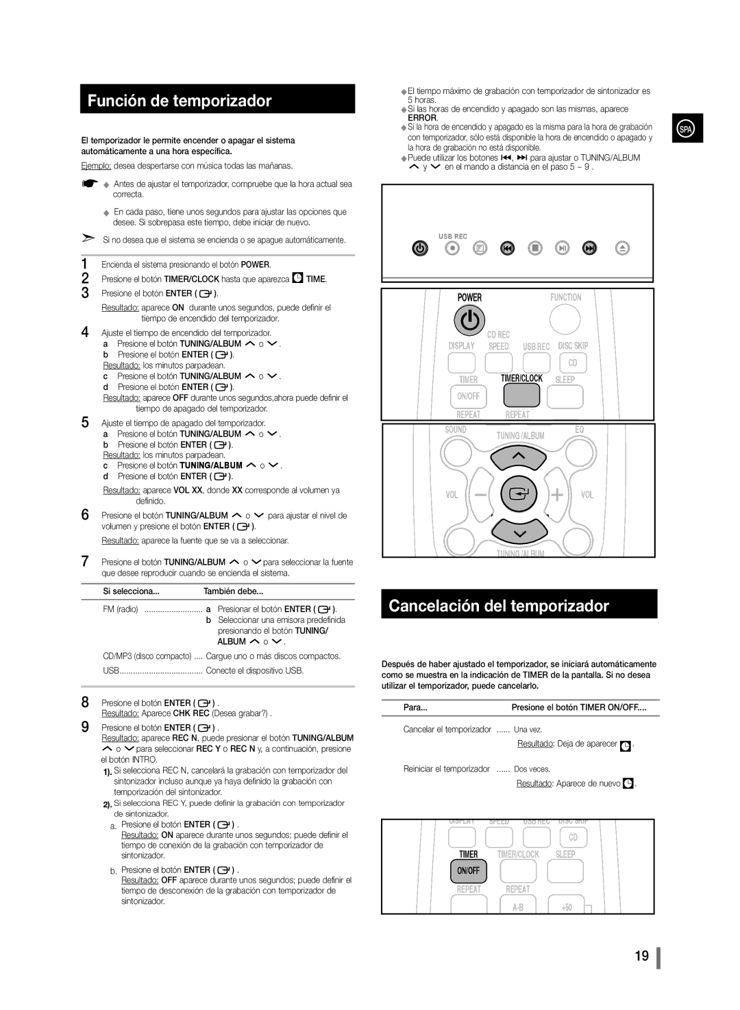 Samsung MM-D320/ZF, MM-D330/ZF manual Función de temporizador, Cancelación del temporizador, Time, Error 