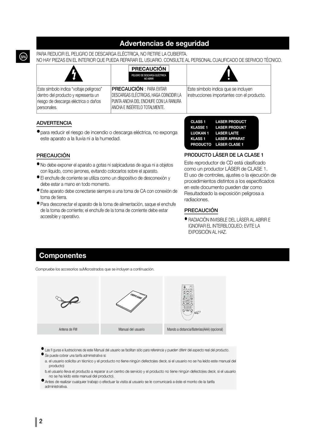 Samsung MM-D330/ZF, MM-D320/ZF manual Advertencias de seguridad, Componentes, Ancha E Insértelo Totalmente 