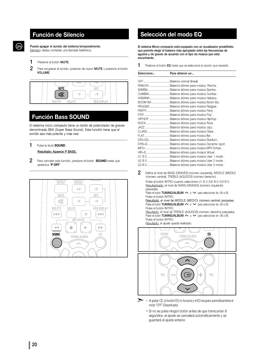 Samsung MM-D330/ZF, MM-D320/ZF manual Función de Silencio, Función Bass Sound, Selección del modo EQ 