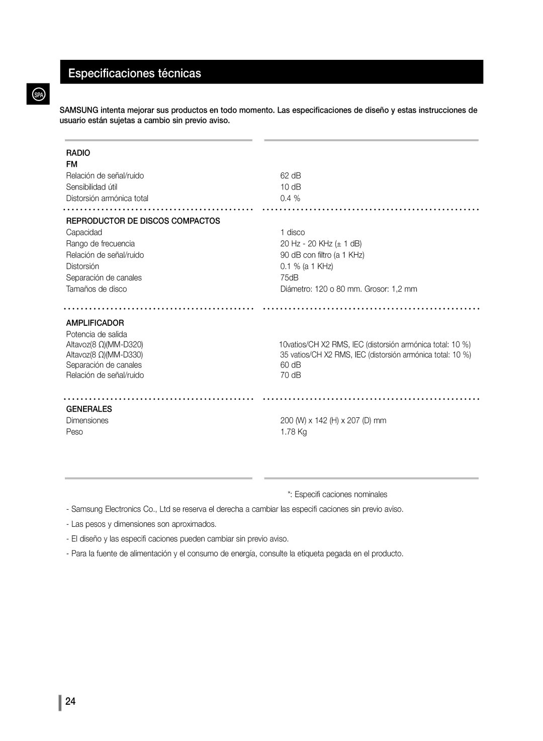 Samsung MM-D330/ZF, MM-D320/ZF manual Especificaciones técnicas, Reproductor DE Discos Compactos 