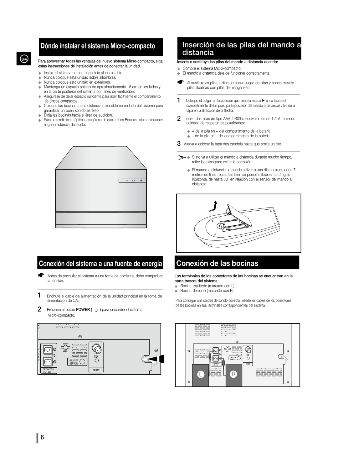 Samsung MM-D330/ZF, MM-D320/ZF manual Inserción de las pilas del mando a distancia, Conexión de las bocinas 