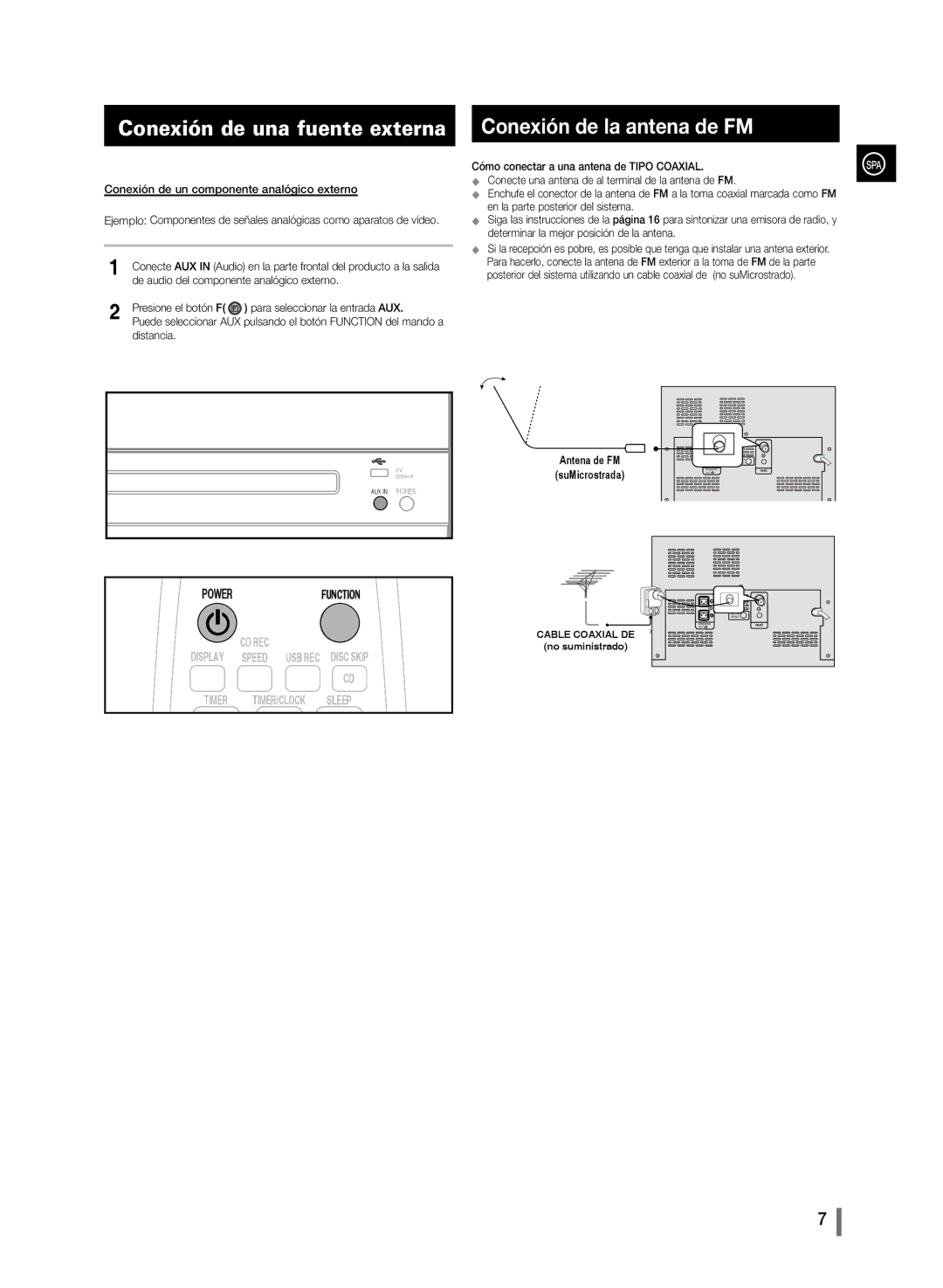 Samsung MM-D320/ZF, MM-D330/ZF manual Conexión de una fuente externa, Conexión de la antena de FM 