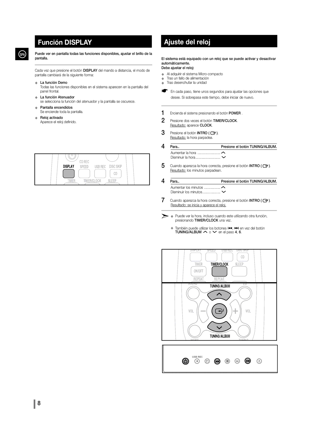 Samsung MM-D330/ZF, MM-D320/ZF manual Función Display, Tuning/Album 