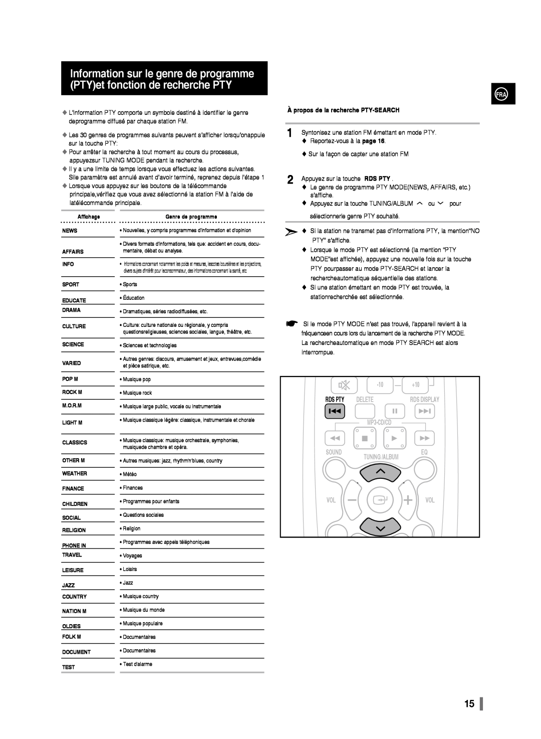 Samsung MM-D320/ZF, MM-D330/ZF manual Information sur le genre de programme PTYet fonction de recherche PTY 