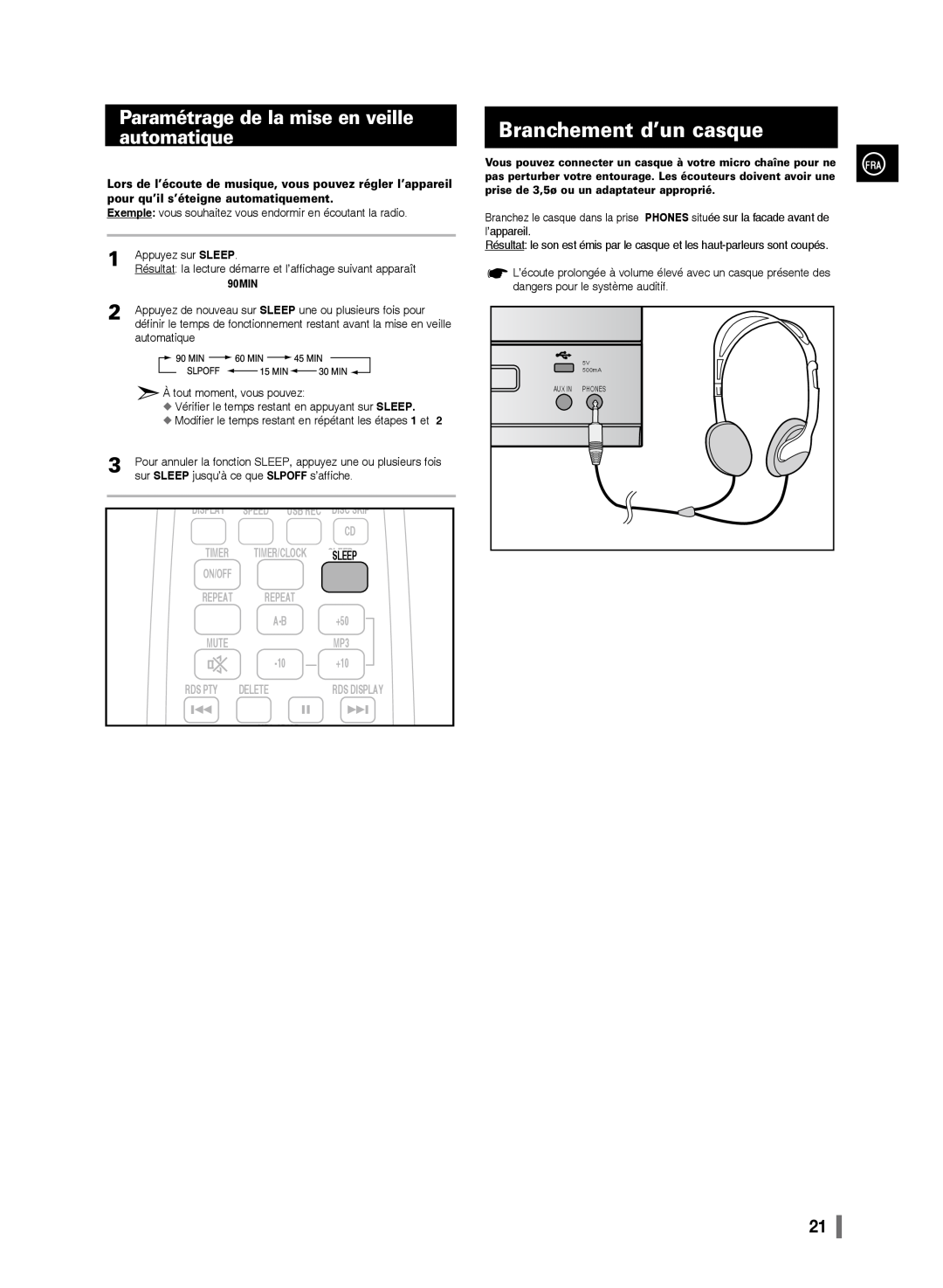 Samsung MM-D320/ZF manual Branchement d’un casque, Paramétrage de la mise en veille automatique, 90MIN, Display, l’appareil 