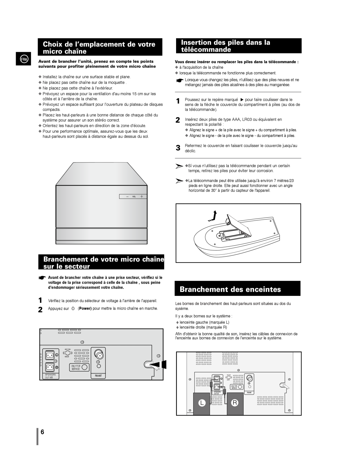 Samsung MM-D330/ZF, MM-D320/ZF manual Branchement des enceintes, Choix de l’emplacement de votre micro chaîne 