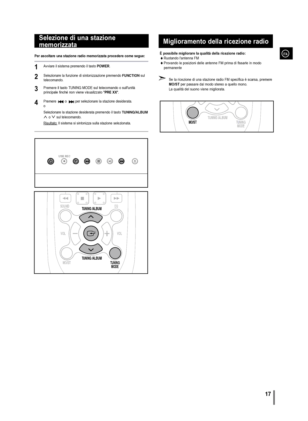 Samsung MM-D330/ZF manual Selezione di una stazione memorizzata, Miglioramento della ricezione radio 