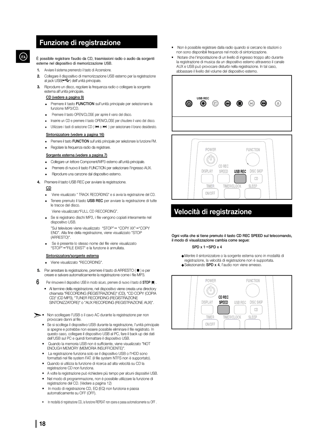 Samsung MM-D330/ZF manual Funzione di registrazione, Velocità di registrazione 