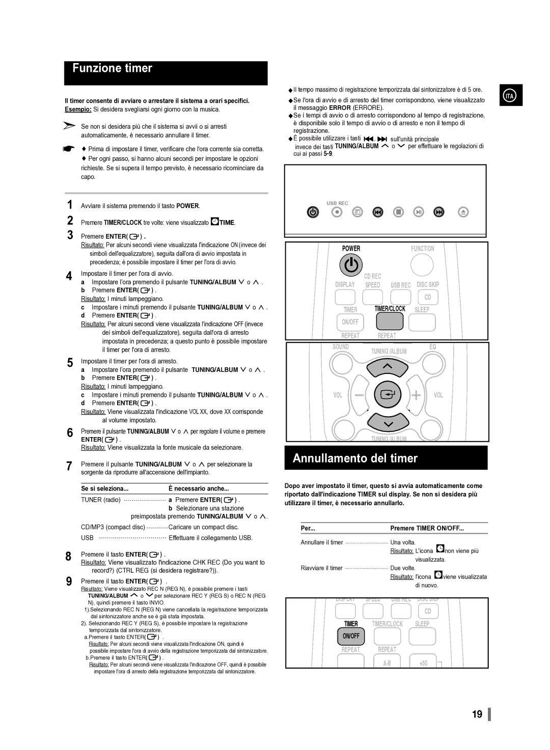 Samsung MM-D330/ZF manual Funzione timer, Annullamento del timer, Per Premere Timer ON/OFF 