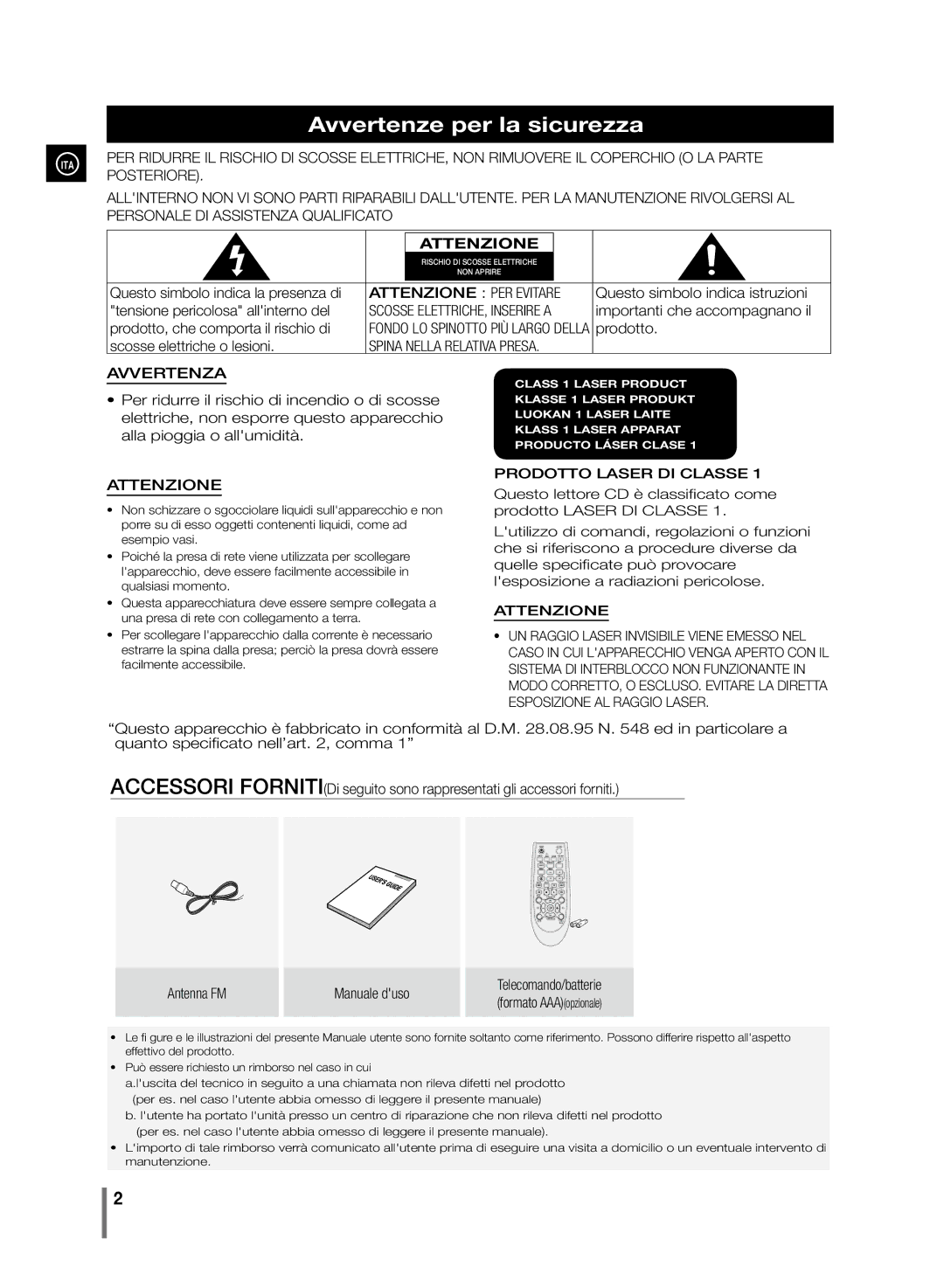 Samsung MM-D330/ZF manual Avvertenze per la sicurezza, Posteriore 