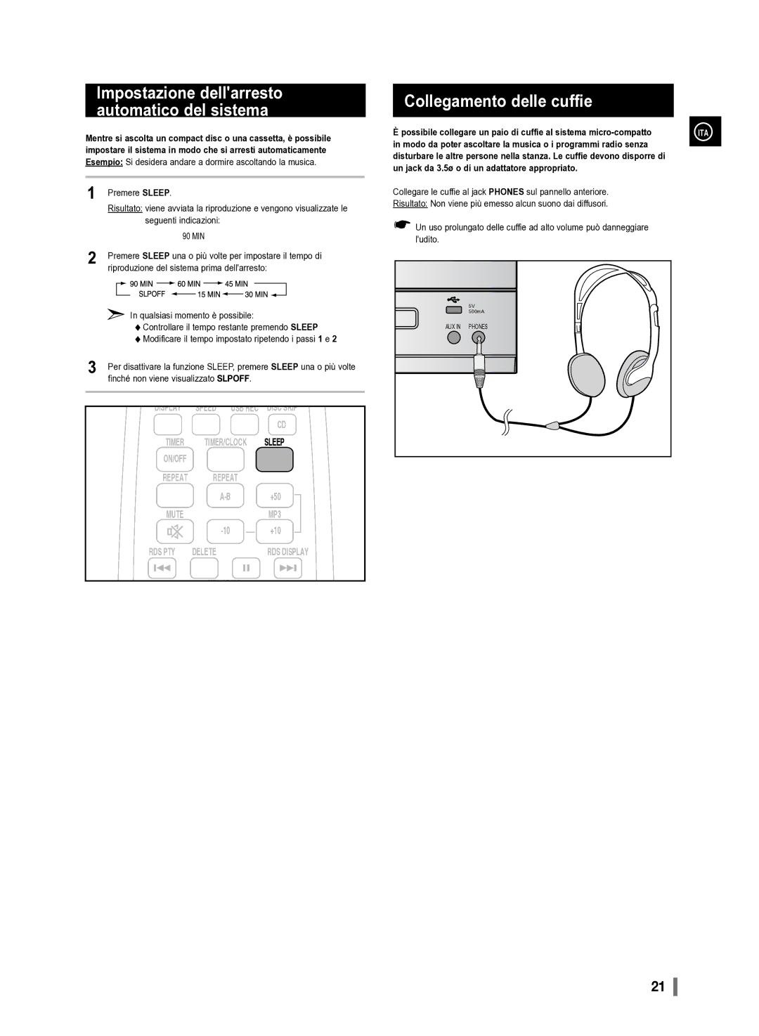 Samsung MM-D330/ZF manual Collegamento delle cuffie, Modo da poter ascoltare la musica o i programmi radio senza 