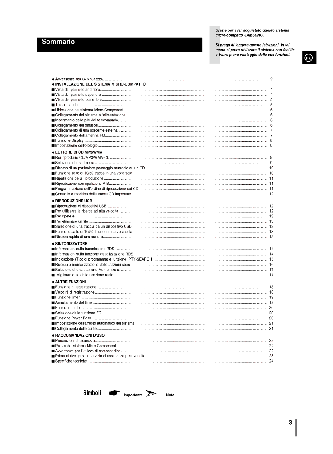 Samsung MM-D330/ZF manual Sommario, ImportanteNota 