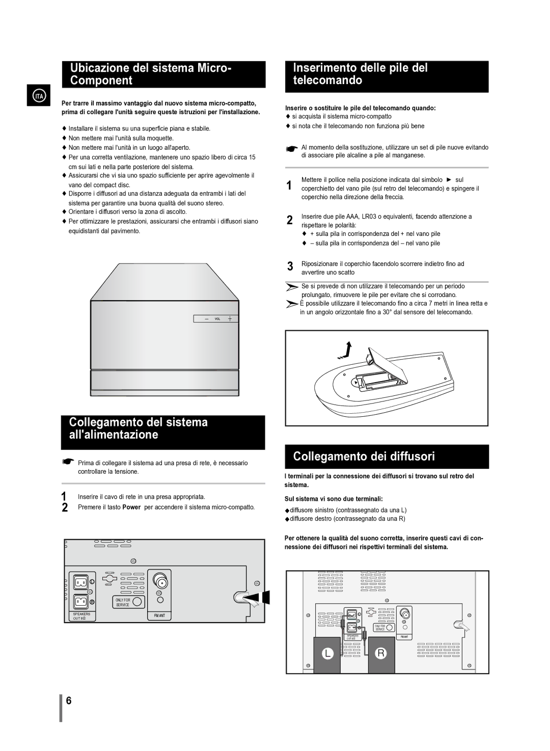 Samsung MM-D330/ZF manual Ubicazione del sistema Micro Component, Inserimento delle pile del telecomando 