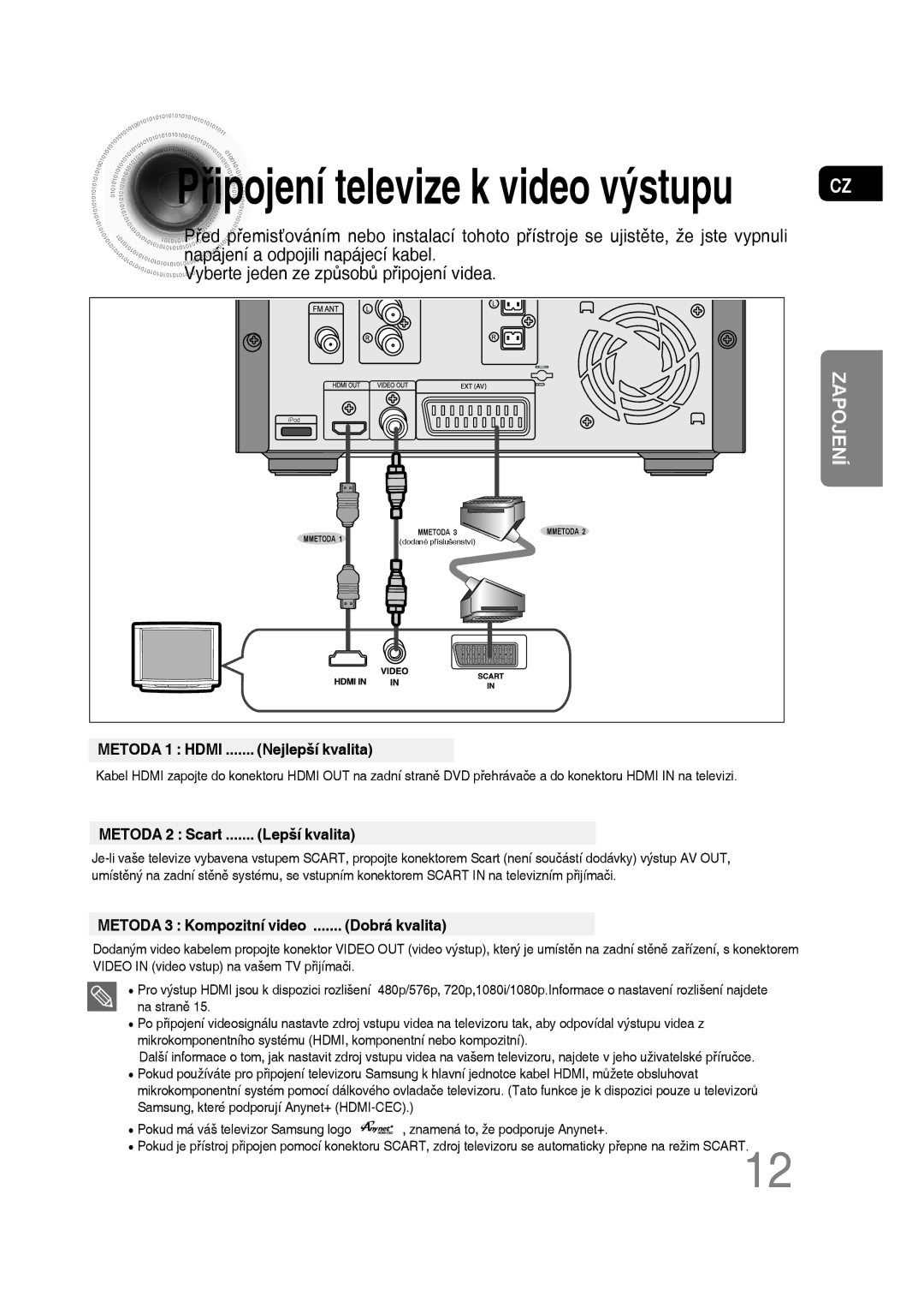 Samsung MM-D430D/ZX, MM-D430D/EN, MM-D530D/EN, MM-D530D/RU manual Připojení televize k video výstupu 