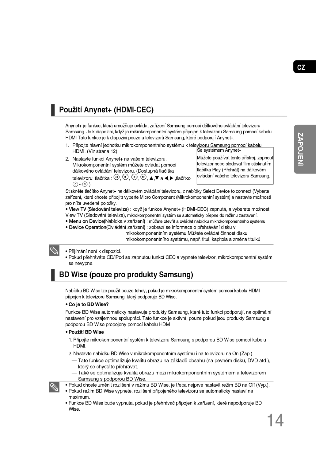 Samsung MM-D430D/EN, MM-D530D/EN, MM-D430D/ZX, MM-D530D/RU manual Použití Anynet+ HDMI-CEC, BD Wise pouze pro produkty Samsung 