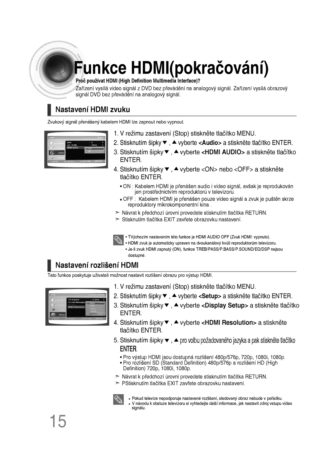 Samsung MM-D530D/EN, MM-D430D/EN, MM-D430D/ZX manual Funkce HDMIpokračování, Nastavení Hdmi zvuku, Nastavení rozlišení Hdmi 