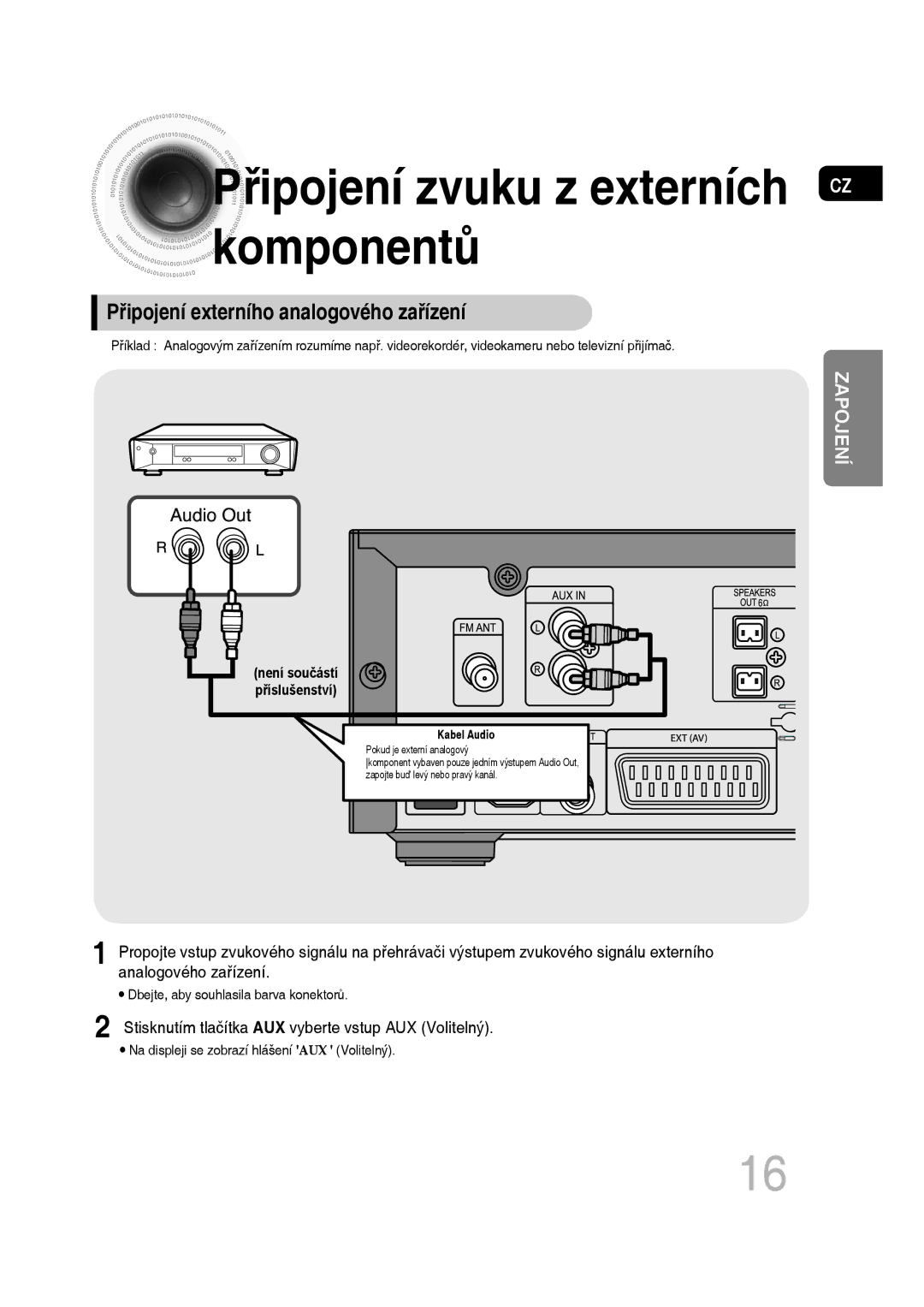 Samsung MM-D430D/ZX, MM-D430D/EN manual Řipojení zvuku z externích komponentů, Připojení externího analogového zařízení 