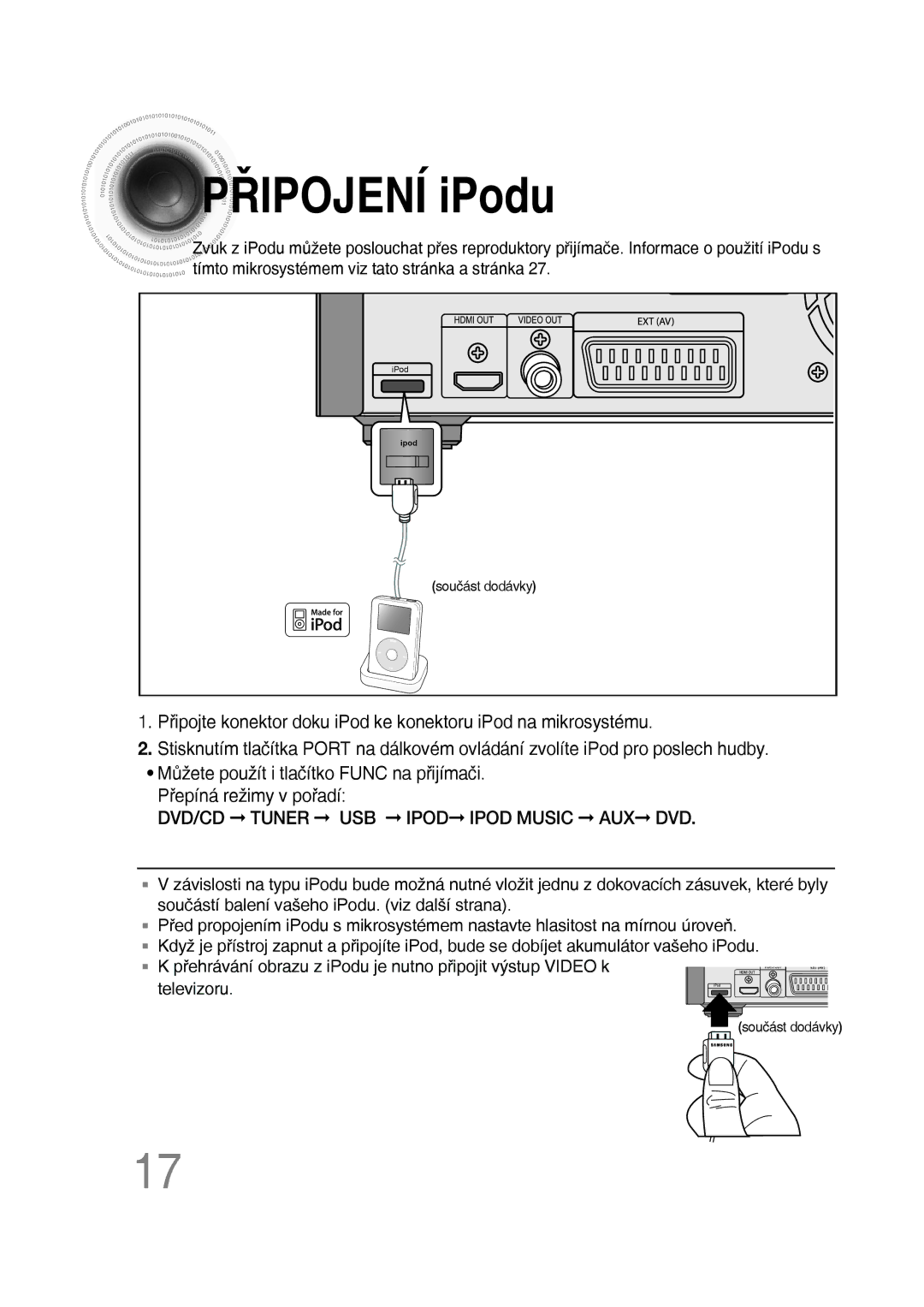 Samsung MM-D530D/RU, MM-D430D/EN, MM-D530D/EN, MM-D430D/ZX manual Ipojení iPodu, DVD/CD Tuner USB Ipod Ipod Music AUX DVD 