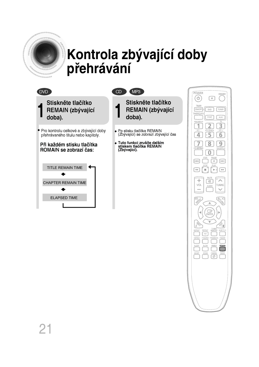 Samsung MM-D530D/RU, MM-D430D/EN, MM-D530D/EN Kontrola zbývající doby přehrávání, 1Stiskněte tlačítko Remain zbývající doba 