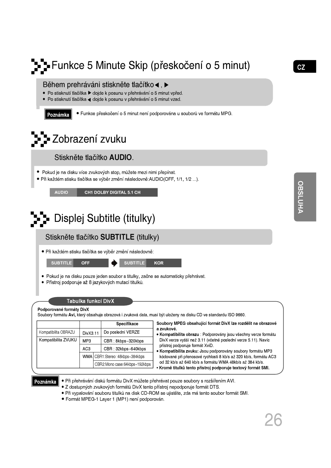 Samsung MM-D430D/EN Během prehráváni stiskněte tlačítko, Stiskněte tlačítko Audio, Stiskněte tlačítko Subtitle titulky 