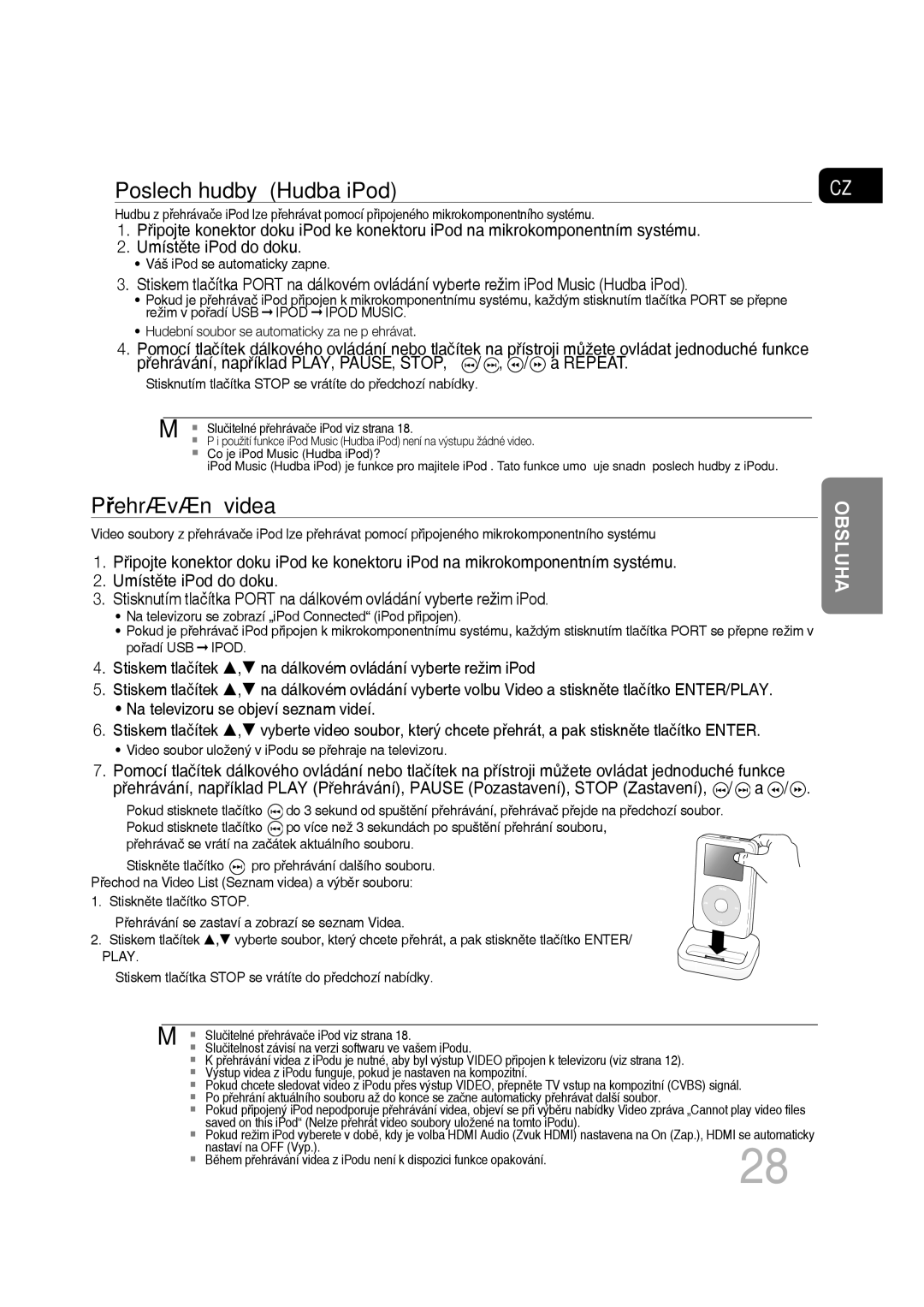 Samsung MM-D430D/ZX, MM-D430D/EN, MM-D530D/EN, MM-D530D/RU manual Poslech hudbyHudba iPod, Přehrávání videa 