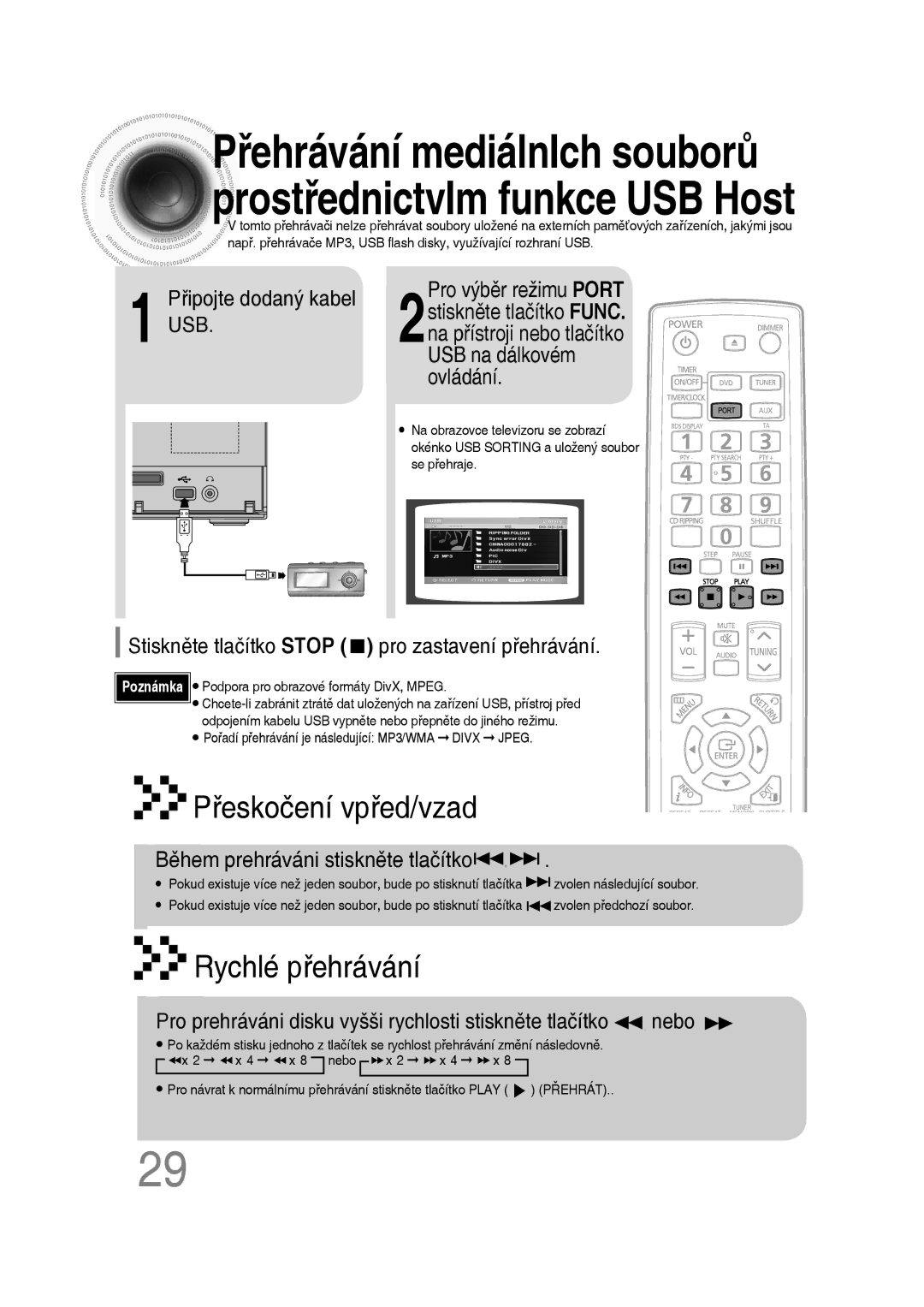 Samsung MM-D530D/RU Připojte dodaný kabel USB Pro výběr režimu Port, Stiskněte tlačítko Stop pro zastavení přehrávání 