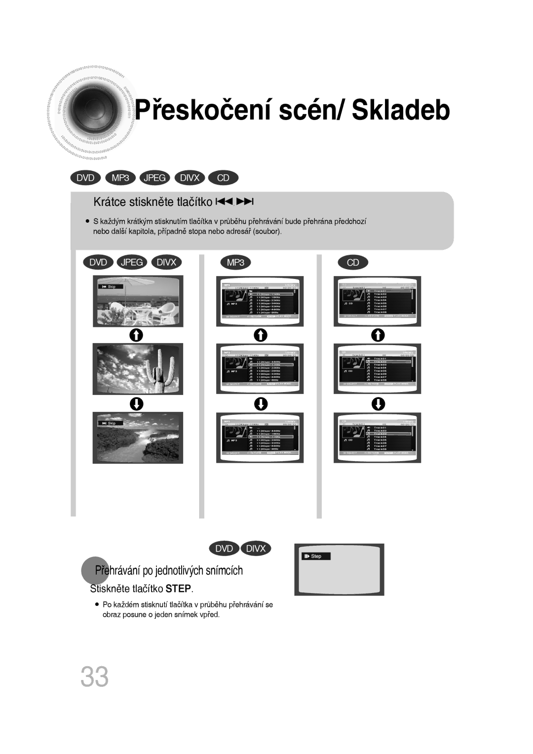 Samsung MM-D530D/RU, MM-D430D/EN Přeskočení scén/ Skladeb, Krátce stiskněte tlačítko, Přehrávání po jednotlivých snímcích 