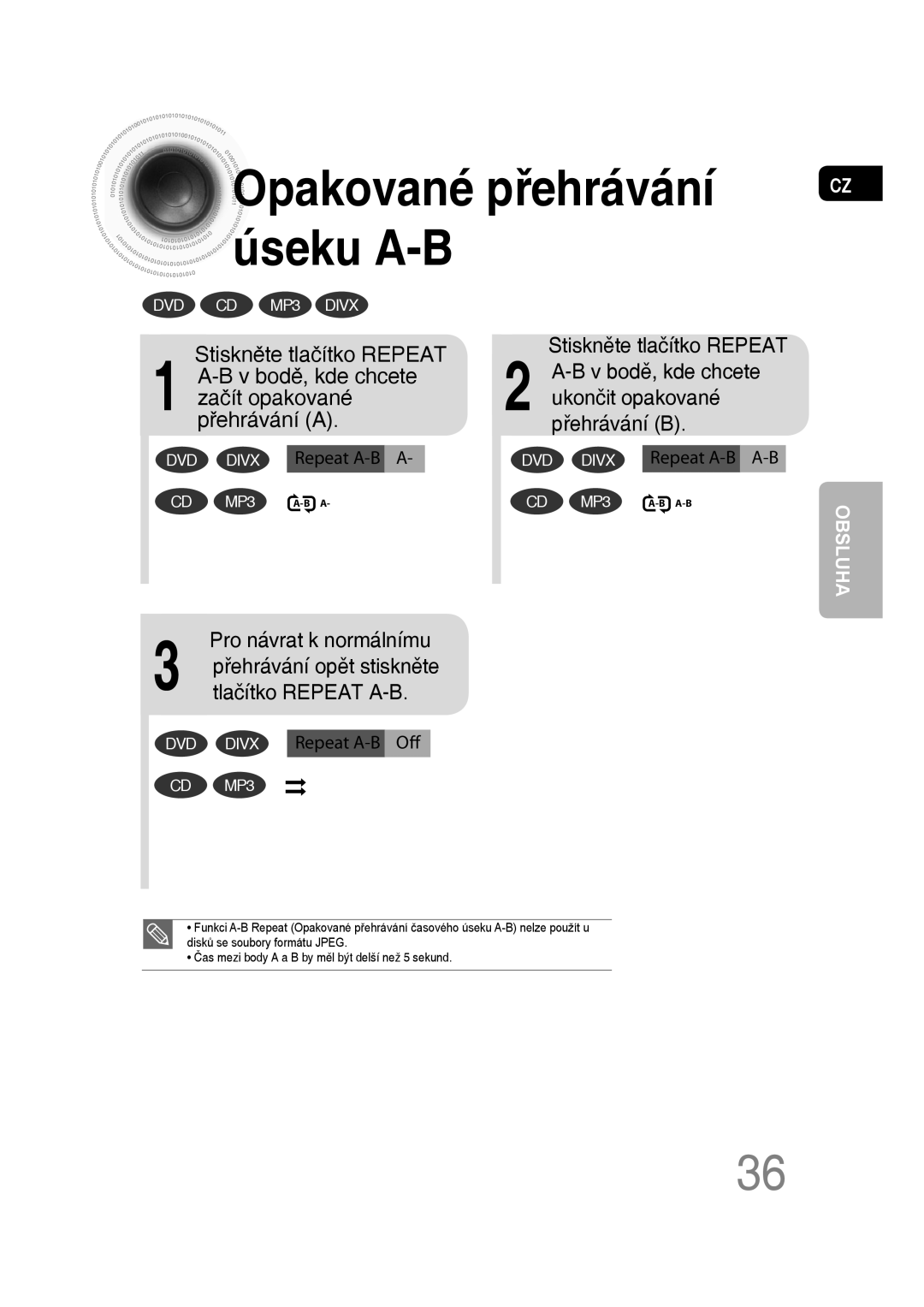 Samsung MM-D430D/ZX, MM-D430D/EN, MM-D530D/EN, MM-D530D/RU manual Opakované přehrávání úseku A-B, Stiskněte tlačítko Repeat 