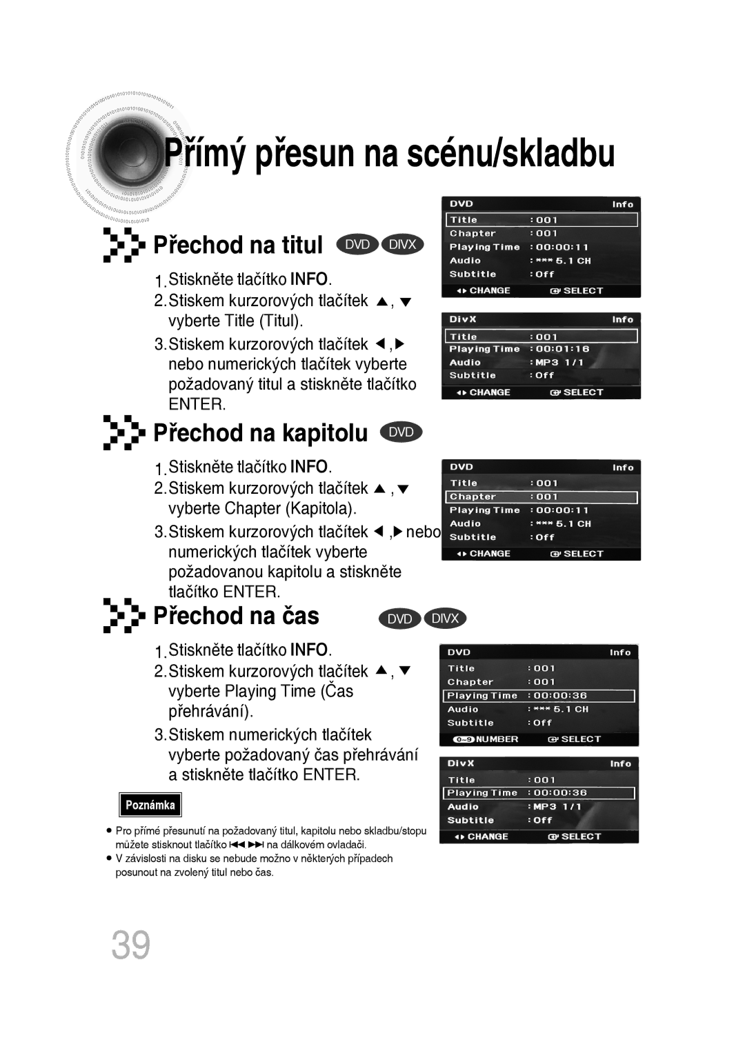 Samsung MM-D530D/EN, MM-D430D/EN, MM-D430D/ZX, MM-D530D/RU manual Ímý přesun na scénu/skladbu, Stiskněte tlačítko Info 