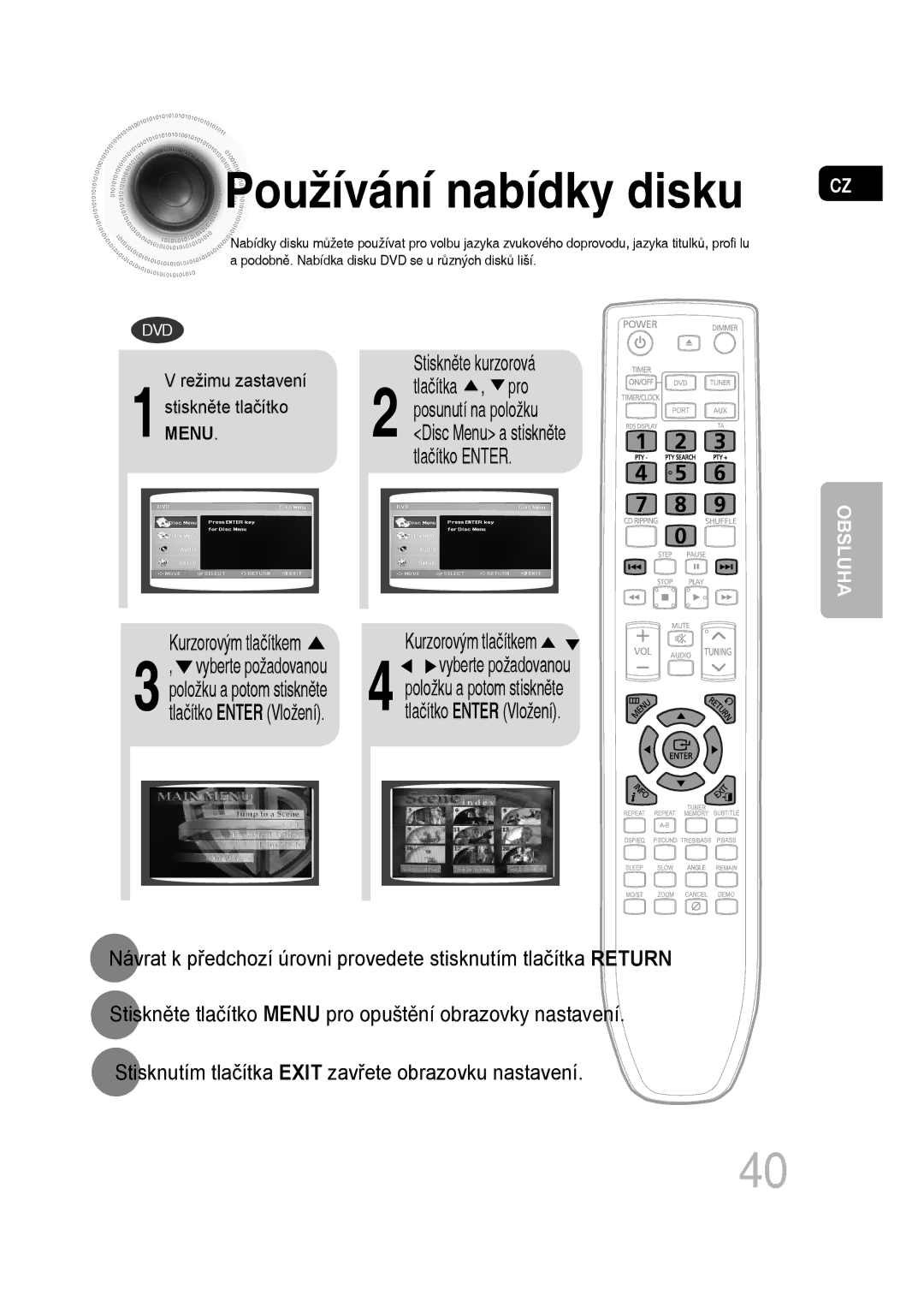 Samsung MM-D430D/ZX, MM-D430D/EN, MM-D530D/EN manual Používání nabídky disku, Režimu zastavení 1stisknMENUě.te tlačítko 