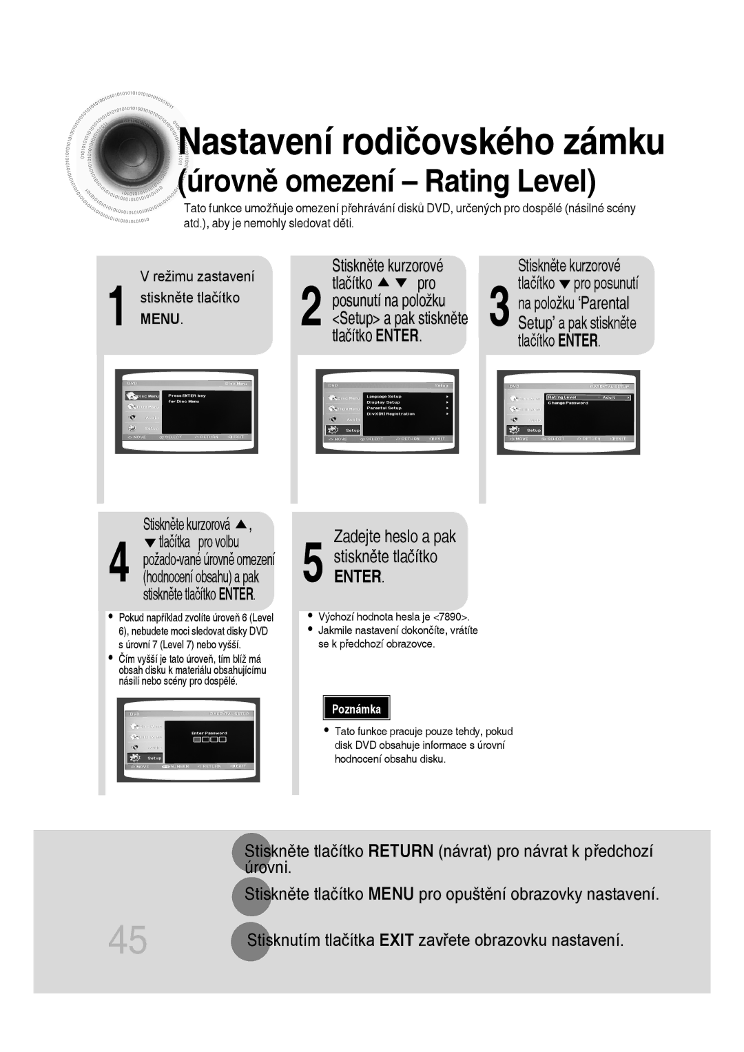 Samsung MM-D530D/RU, MM-D430D/EN, MM-D530D/EN manual Nastavení rodičovského zámku, Zadejte heslo a pak Stiskněte tlačítko 