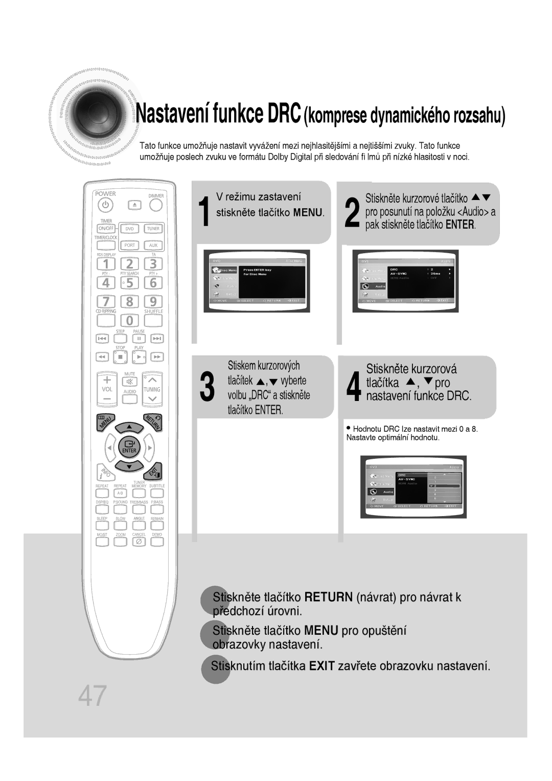 Samsung MM-D530D/EN, MM-D430D/EN, MM-D430D/ZX, MM-D530D/RU manual Nastavení funkce DRCkomprese dynamického rozsahu 