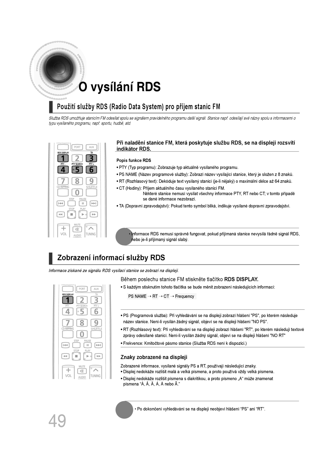 Samsung MM-D530D/RU, MM-D430D/EN, MM-D530D/EN, MM-D430D/ZX manual Vysílání RDS 