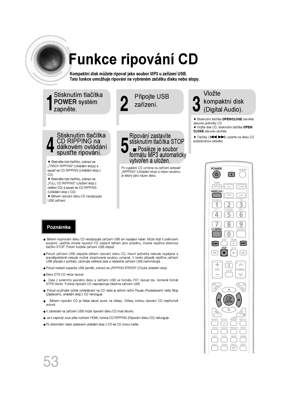 Samsung MM-D530D/RU, MM-D430D/EN, MM-D530D/EN Funkce ripování CD, Zařízení Kompaktní disk 1zapněte. systém Digital Audio 