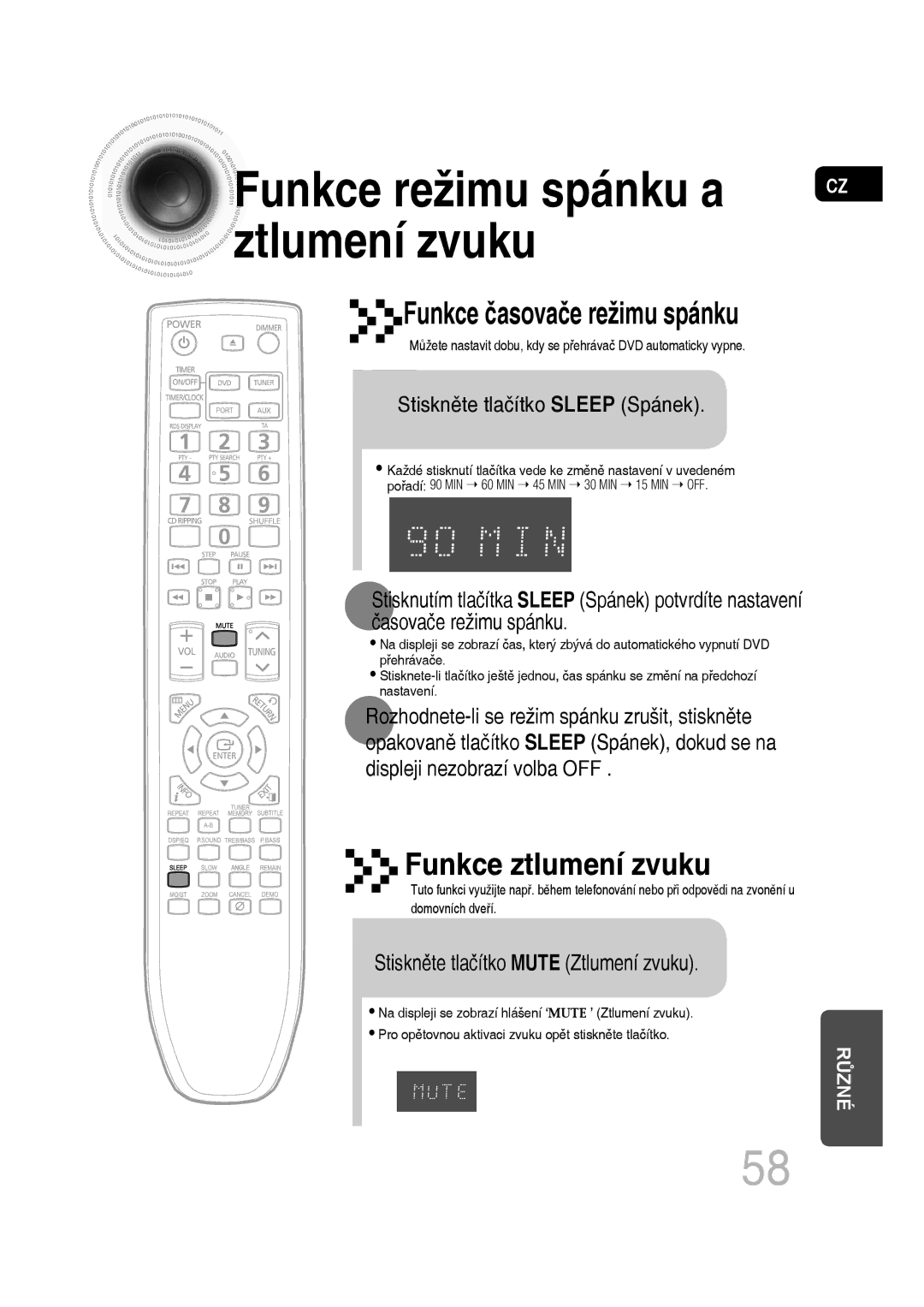 Samsung MM-D430D/EN, MM-D530D/EN, MM-D430D/ZX manual Stiskněte tlačítko Sleep Spánek, Stiskněte tlačítko Mute Ztlumení zvuku 