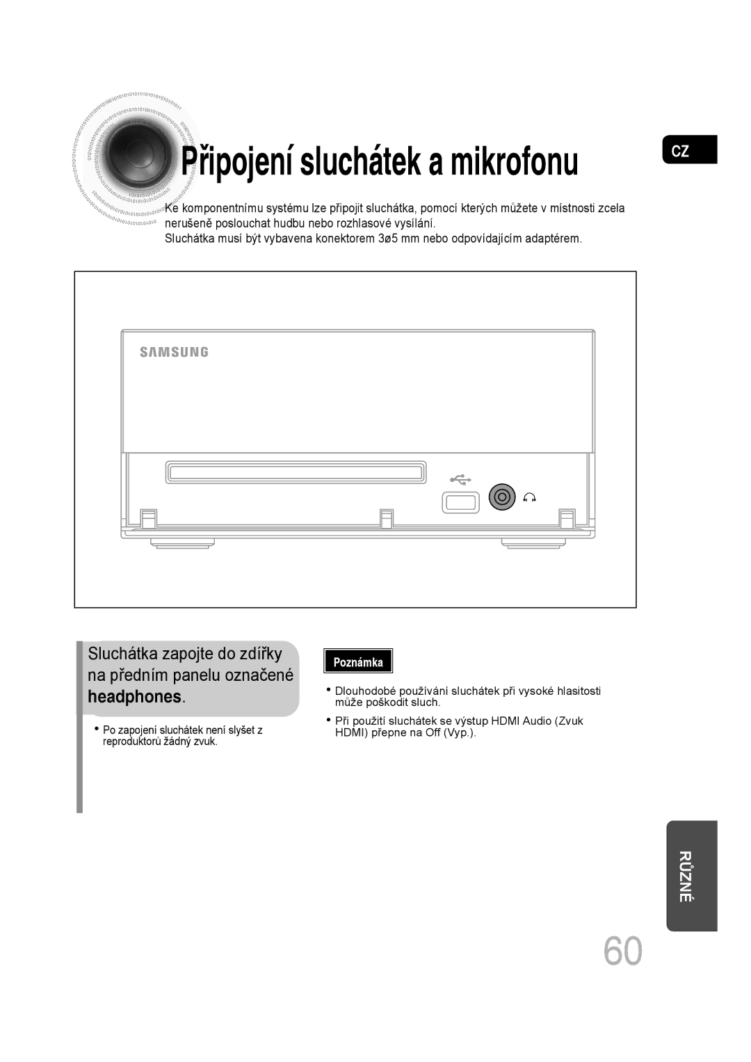 Samsung MM-D430D/ZX, MM-D430D/EN, MM-D530D/EN, MM-D530D/RU manual Připojení sluchátek a mikrofonu, Headphones 