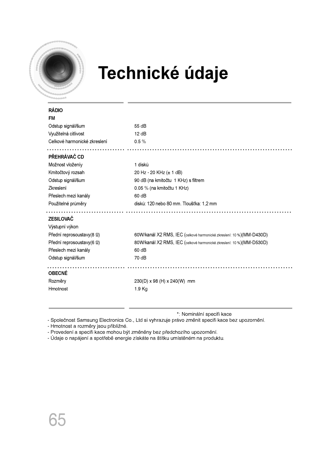 Samsung MM-D530D/RU, MM-D430D/EN, MM-D530D/EN, MM-D430D/ZX manual Technické údaje 