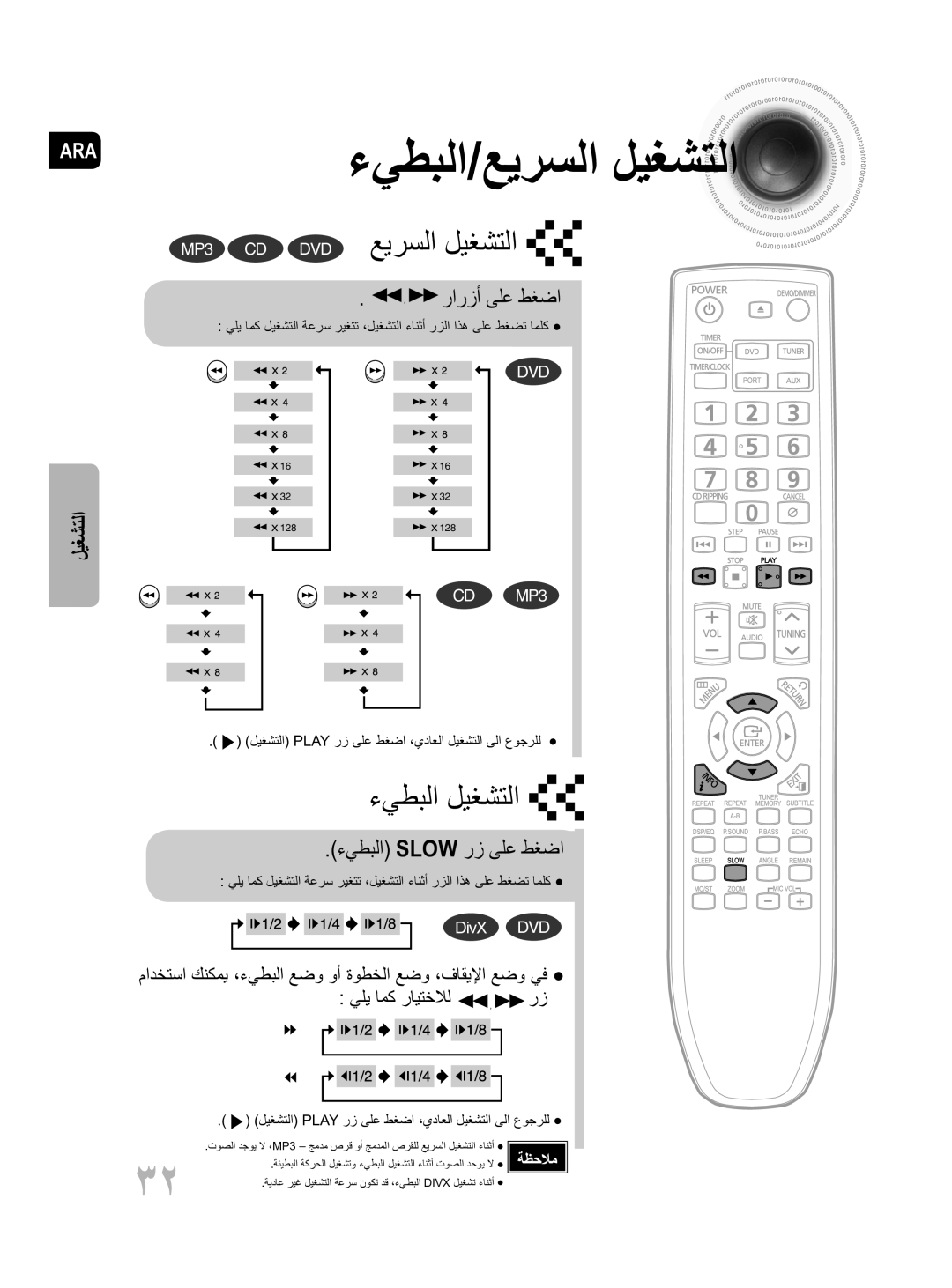 Samsung MM-D430D/UM, MM-D430D/ZN manual ءيطبلا/عيرسلا ليغشتلا, رارزأ ىلع طغضا, ءيطبلا Slow رز ىلع طغضا 